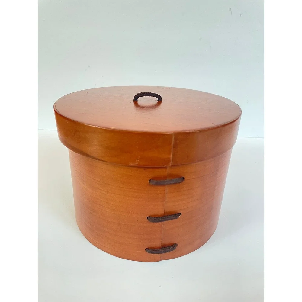 Vintage Bentwood Round Storage Box with Leather Ties Cherry Finish Shaker Style